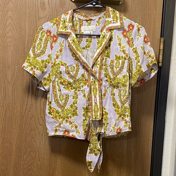 Anthropologie Echarpe Paisley Tie-Front Top Yellow Floral Accents 4 - Picture 5 of 8